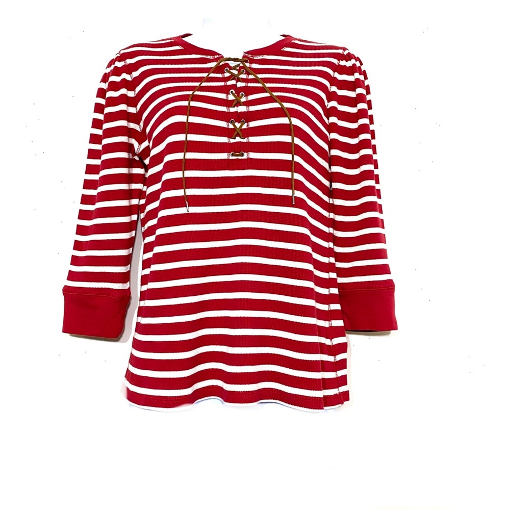 Lauren Ralph Lauren RED stripe 3/4 sleeve lace up front top waffle fabric size M